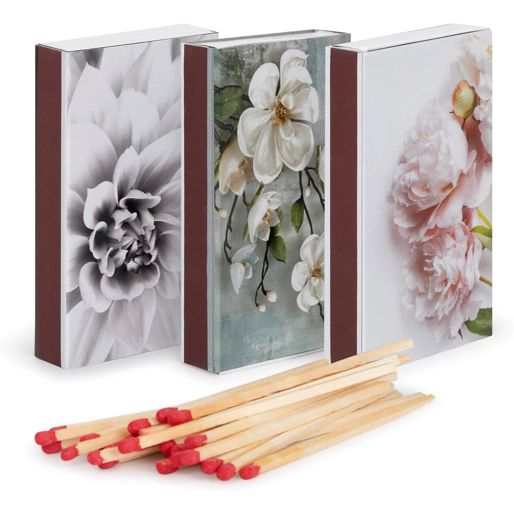EcoQuality Long Wooden Matches front view of three floral design matchboxes