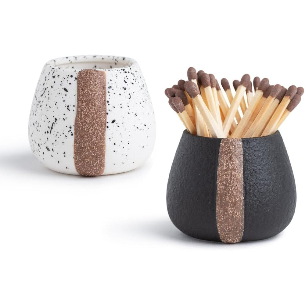 Amarcado Ceramic Match Holder Set front view with black and white jars.