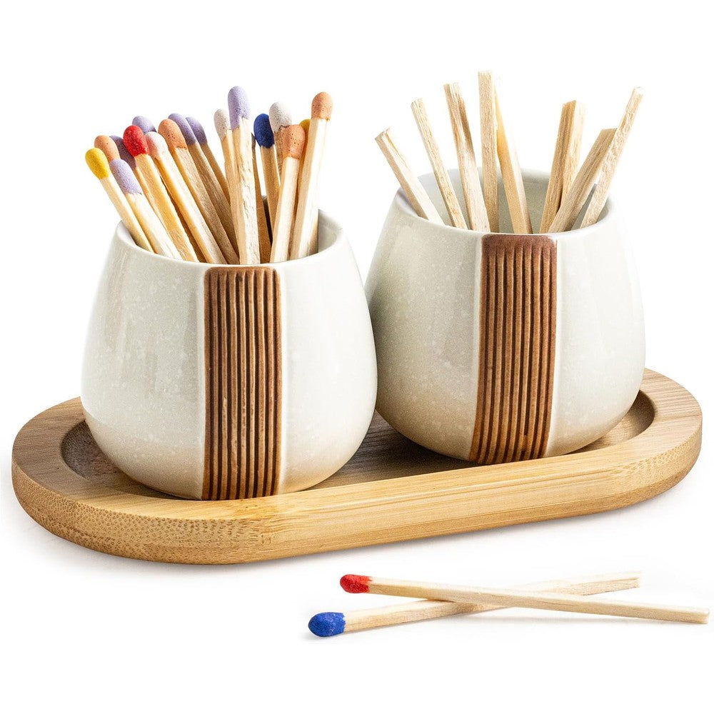 Zoeeker ceramic match striker holders set front view with white jars and wooden tray