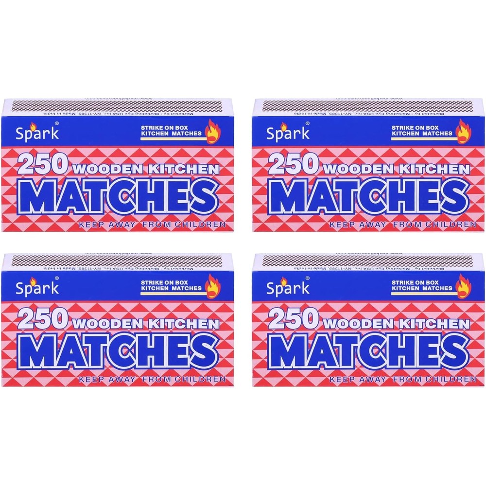 Spark Safety Matches 4 Pack front view of large wooden matchboxes for kitchen lighting.
