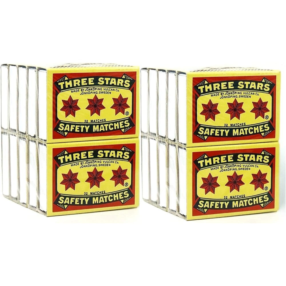 Swedish Match Three Stars Safety Matches 20 pack front view authentic imported household matches.
