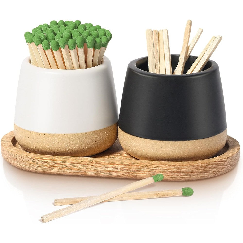 FreeJac ceramic match holder set with striker showing front view on wooden tray