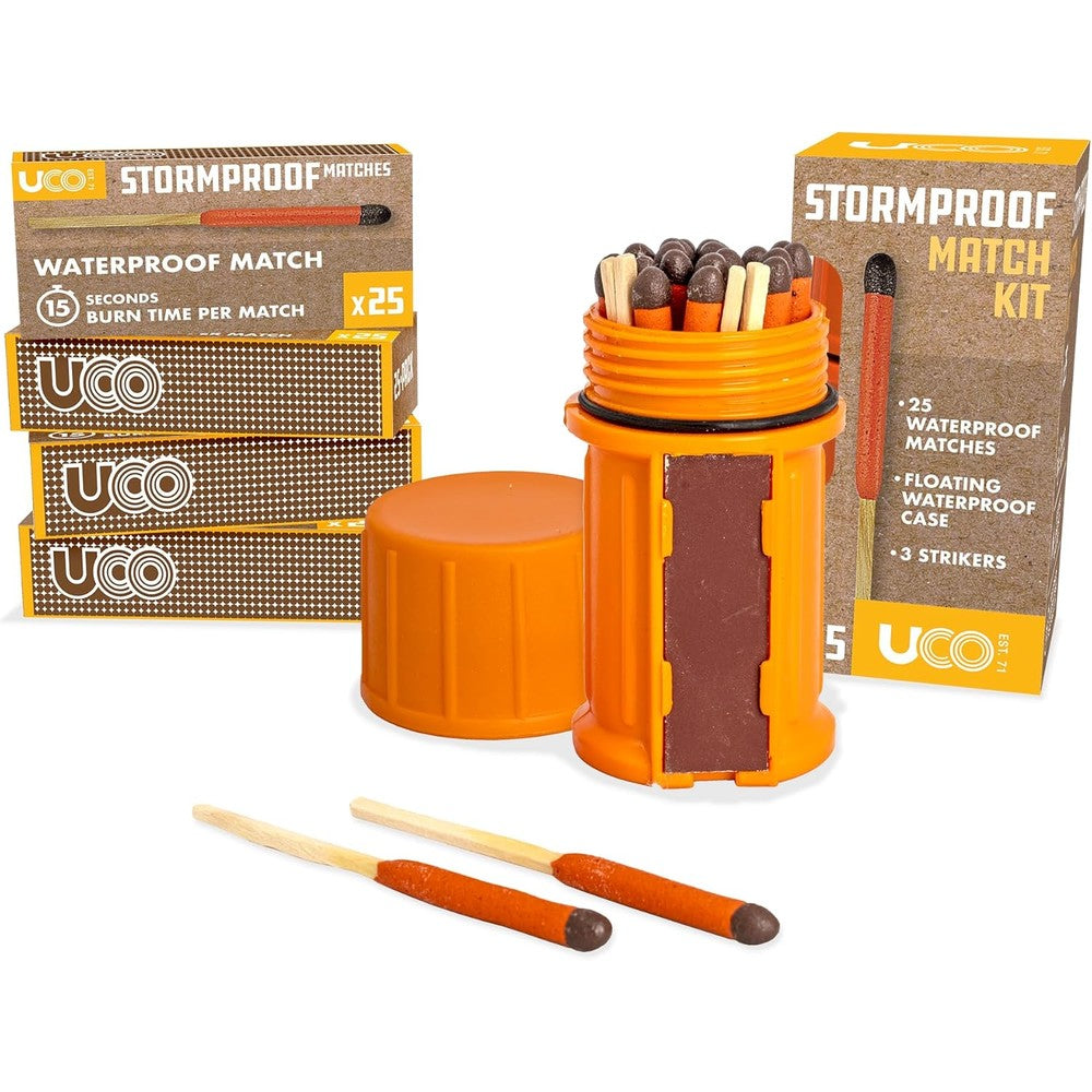 UCO Stormproof Match Kit front view showing orange floating waterproof container