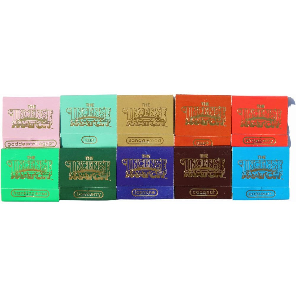 The Incense Match Scented Matchbook Variety Pack front view of ten assorted books.