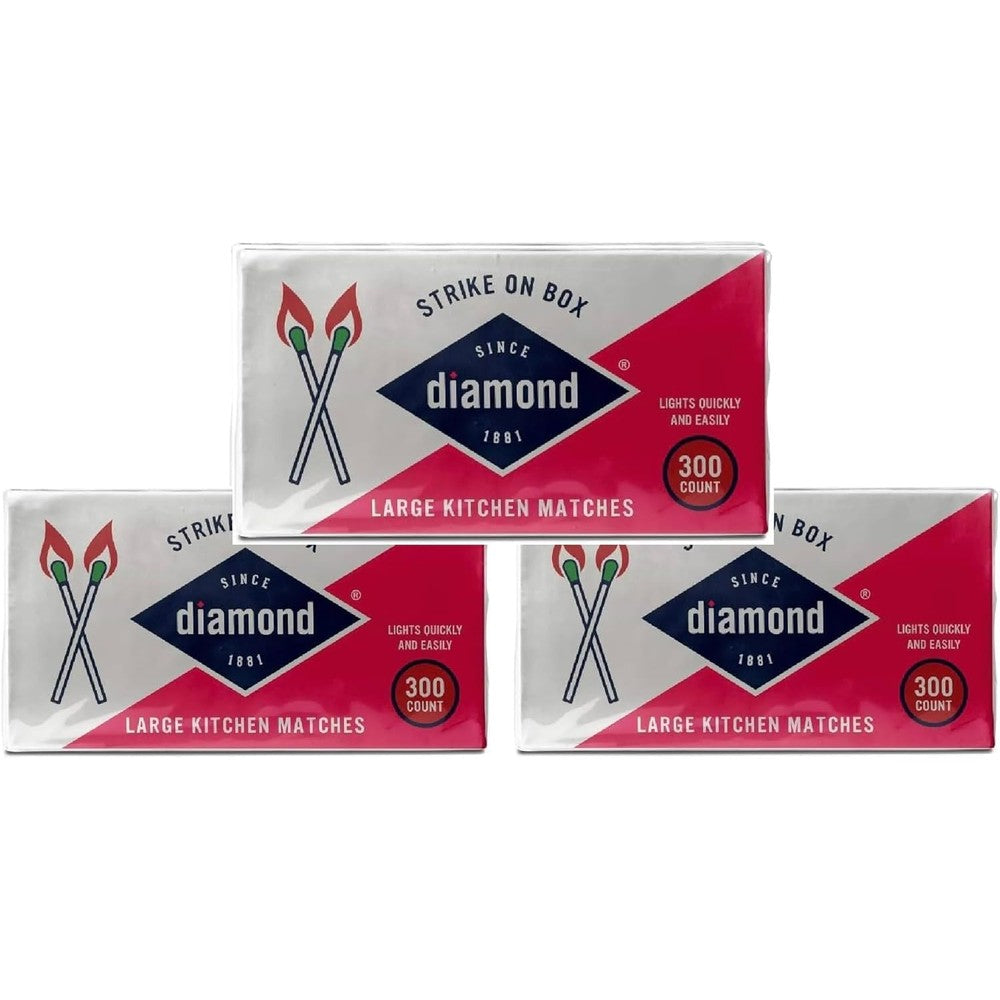 JustAnameGoods Diamond Strike On Box Matches front view of three packaging boxes showing red tipped wooden matchsticks
