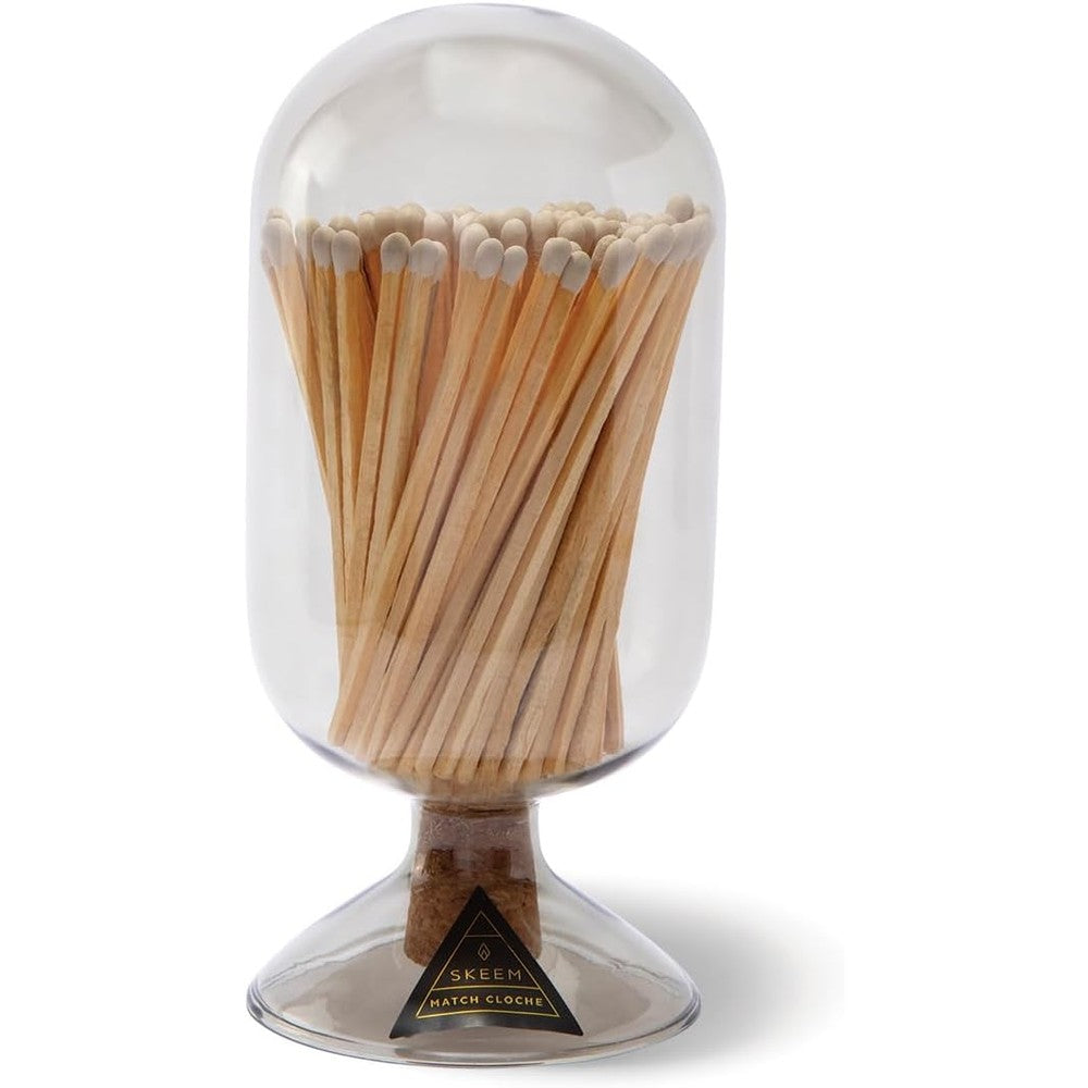 Skeem Design Glass Match Cloche Smoke Grey front view decorative matches.