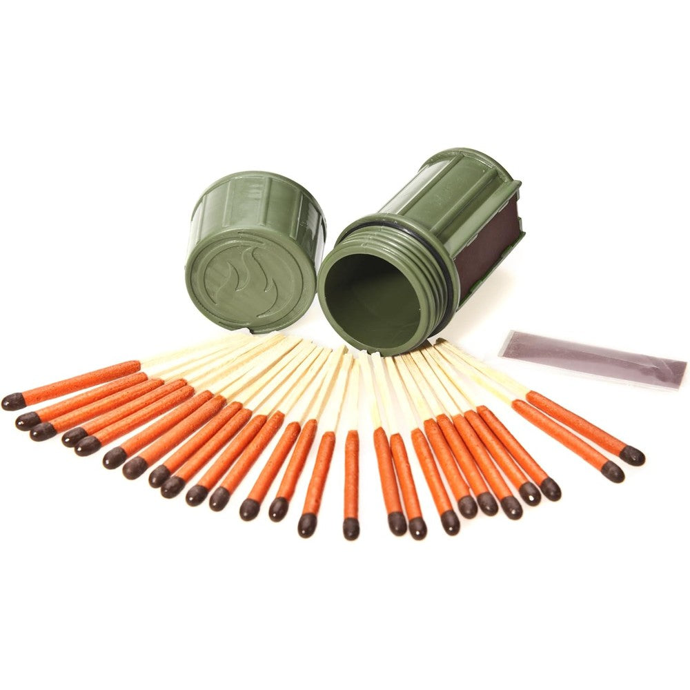 UCO Stormproof Match Kit green waterproof case front view with matches