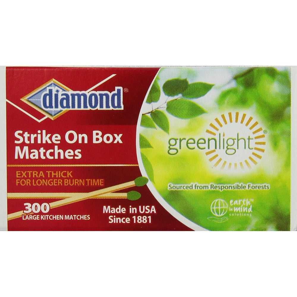 Diamond Greenlight Strike On Box Kitchen Matches front view 300 count packaging.