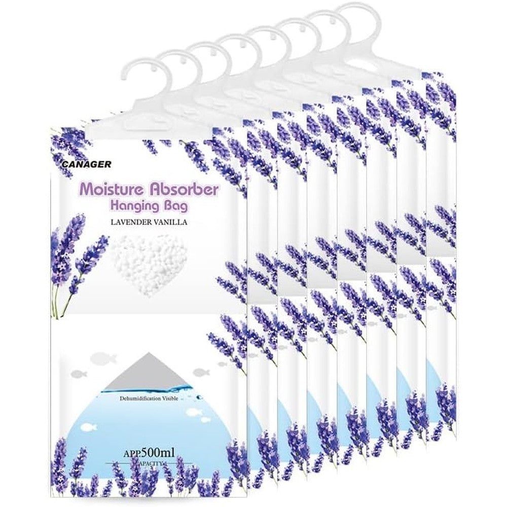 CANAGER Hanging Moisture Absorber 8 pack front view showing lavender design.