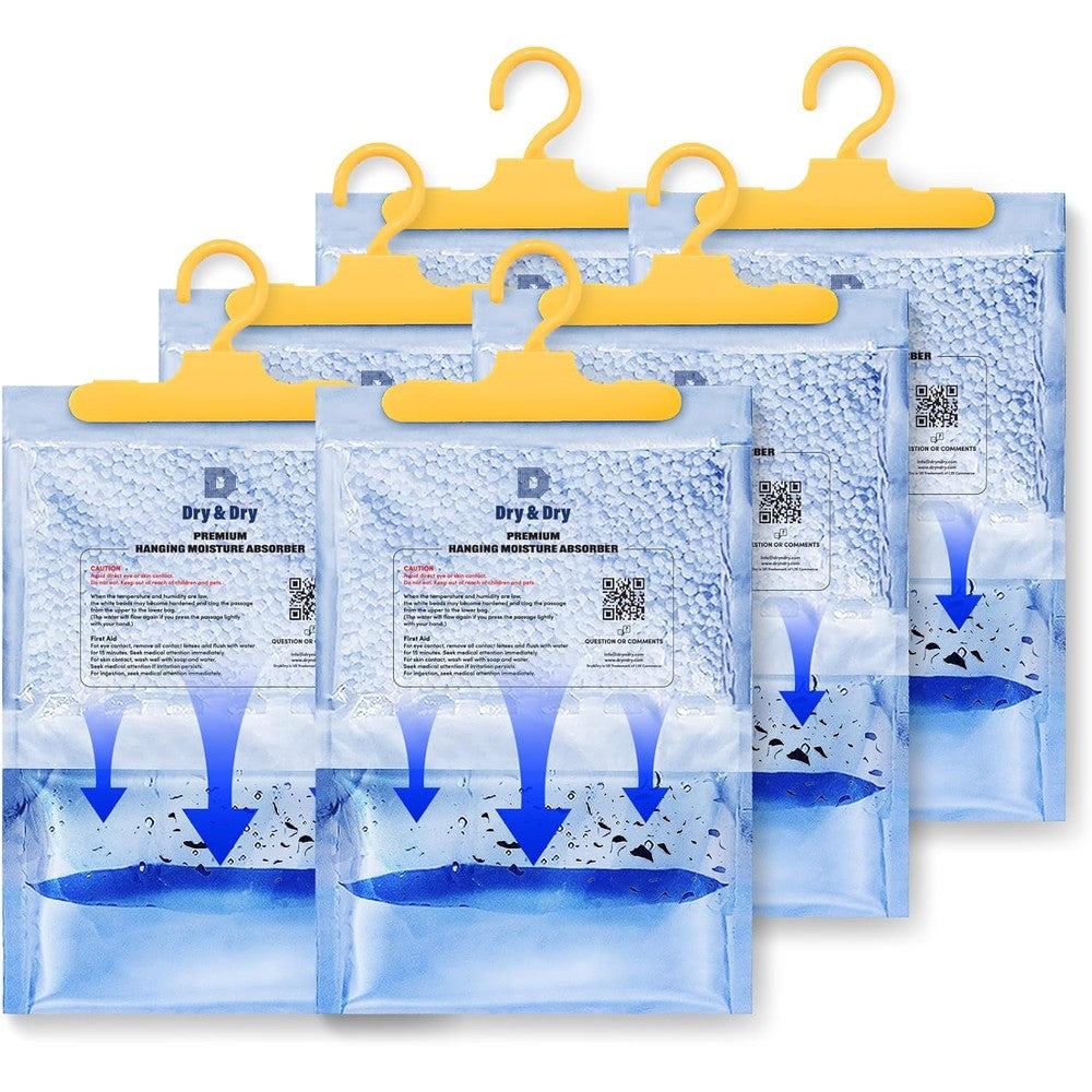 Dry & Dry Hanging Moisture Absorber 6 pack front view for closet dehumidifying.