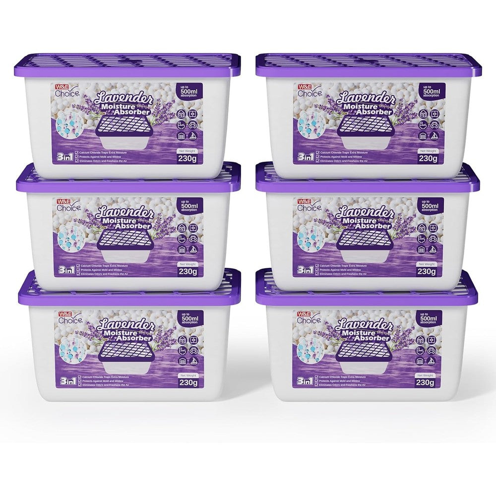 W&E Choice moisture absorber front view of lavender scented portable dehumidifier box.