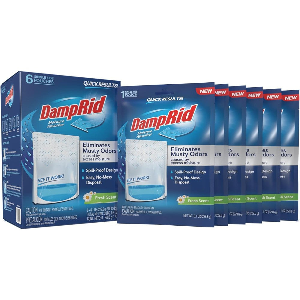 DampRid Fresh Scent Single-Use Pouch Moisture Absorber 6-pack front view for closet humidity control.