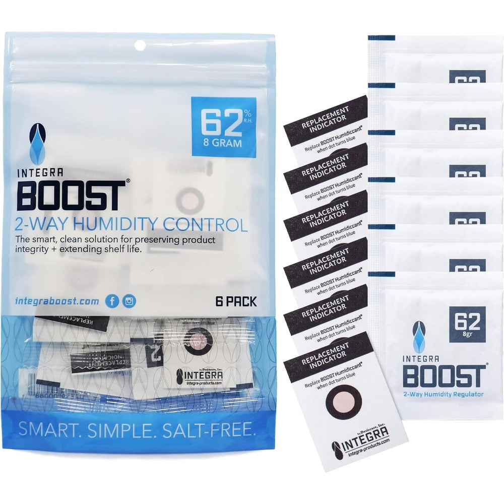 Integra Boost 62% RH 8 gram humidity control pack front view for herb preservation.