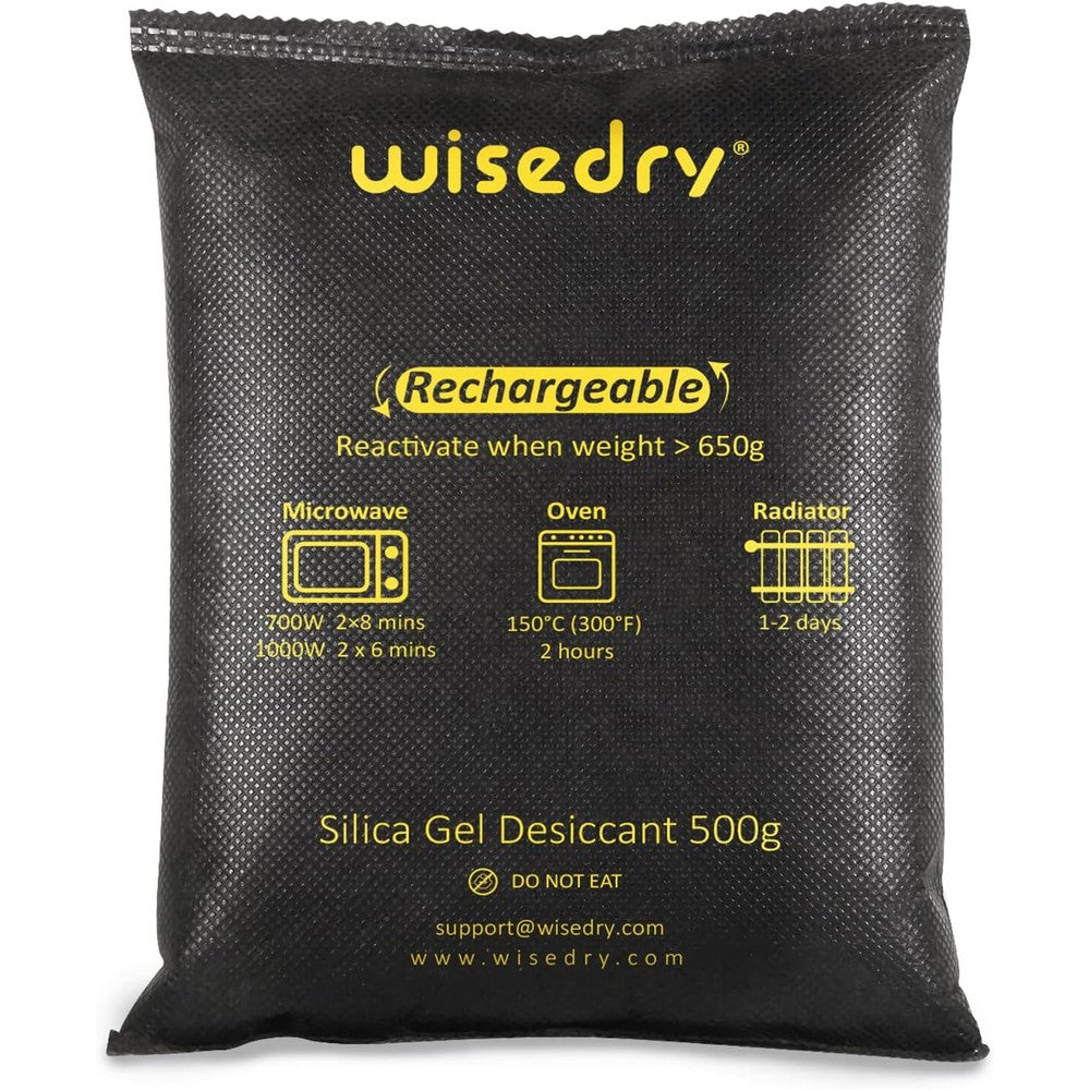 Wisedry 500 gram rechargeable silica gel bag front view moisture absorber.