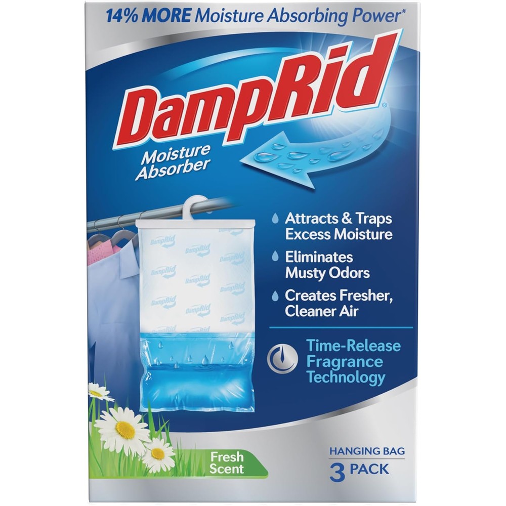 DampRid Fresh Scent Hanging Moisture Absorber three pack front view for closet dehumidifying.