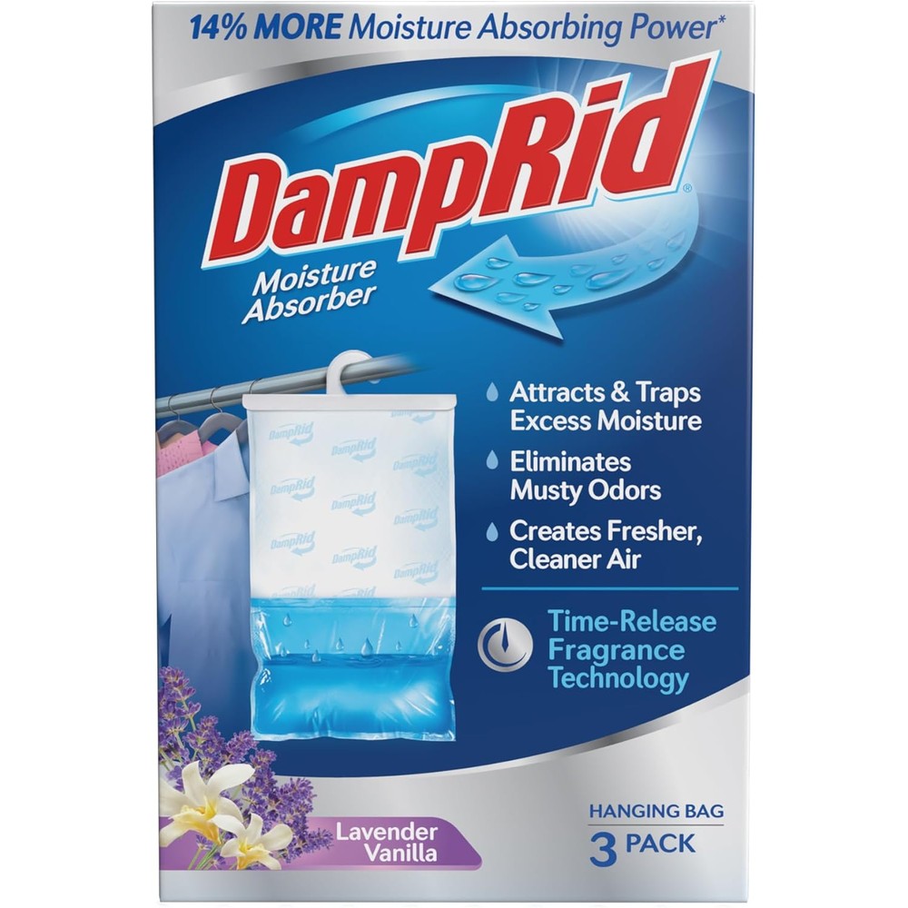 DampRid Lavender Vanilla Hanging Moisture Absorber 3 Pack front view for closet dehumidifying.