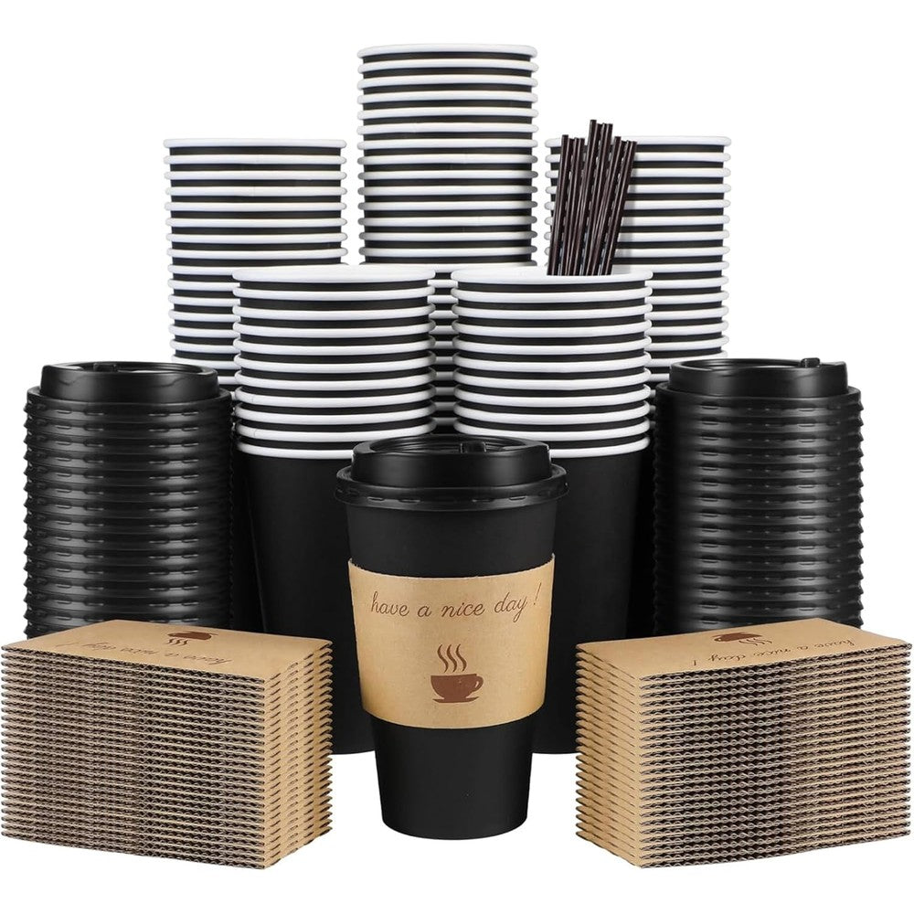 Clawsoff 100 Pack 16 Ounce Disposable Coffee Cups front view with lids and sleeves.