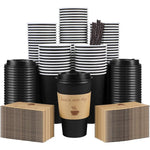 Clawsoff 100 Pack 16 Ounce Disposable Coffee Cups front view with lids and sleeves.