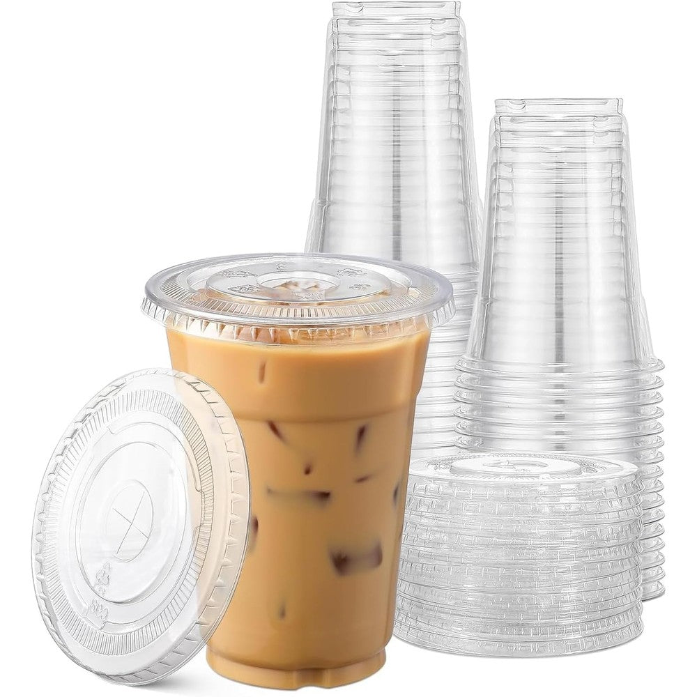 TashiBox 16 Ounce Plastic Cups with Flat Lids 100 Sets front view disposable drinkware