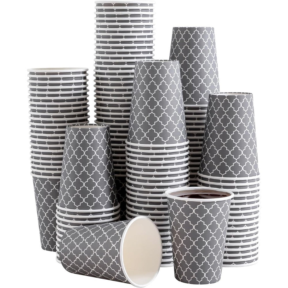 Lamosi 12 Ounce Disposable Paper Coffee Cups front view showing grey geometric pattern.