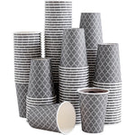 Lamosi 12 Ounce Disposable Paper Coffee Cups front view showing grey geometric pattern.
