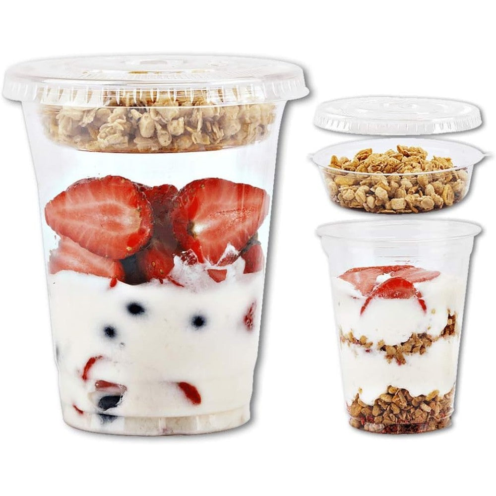 Aatriet 12 ounce clear plastic parfait cups front view for meal prep