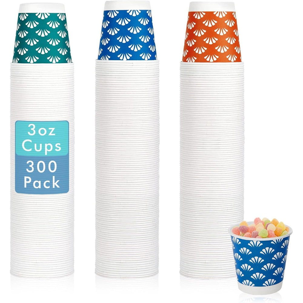 JollyPack 300 Pack Disposable Bathroom Paper Cups front view with colorful patterns.