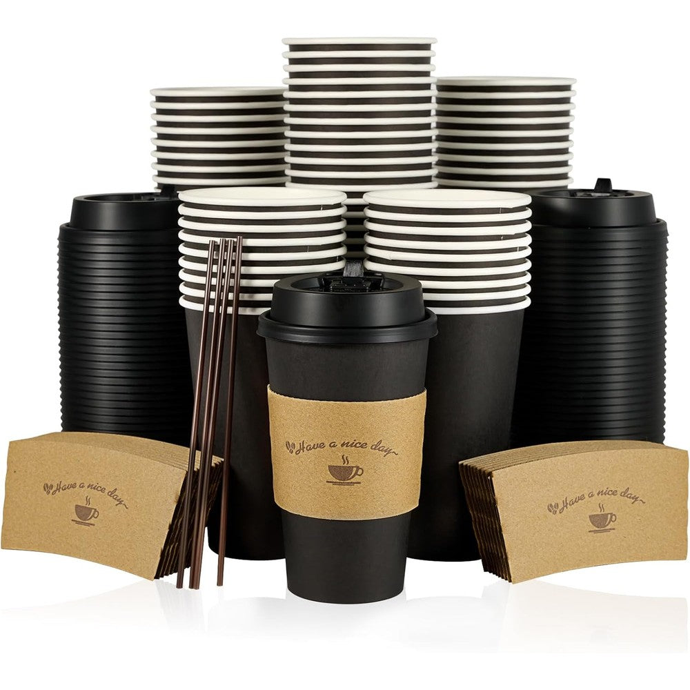 Litopak 16 ounce black paper coffee cups front view complete set