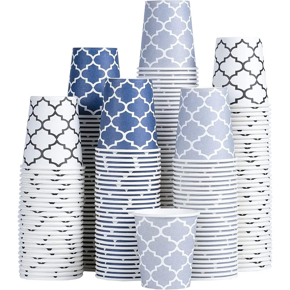 Clawsoff 3 ounce disposable paper cups front view showing floral pattern.