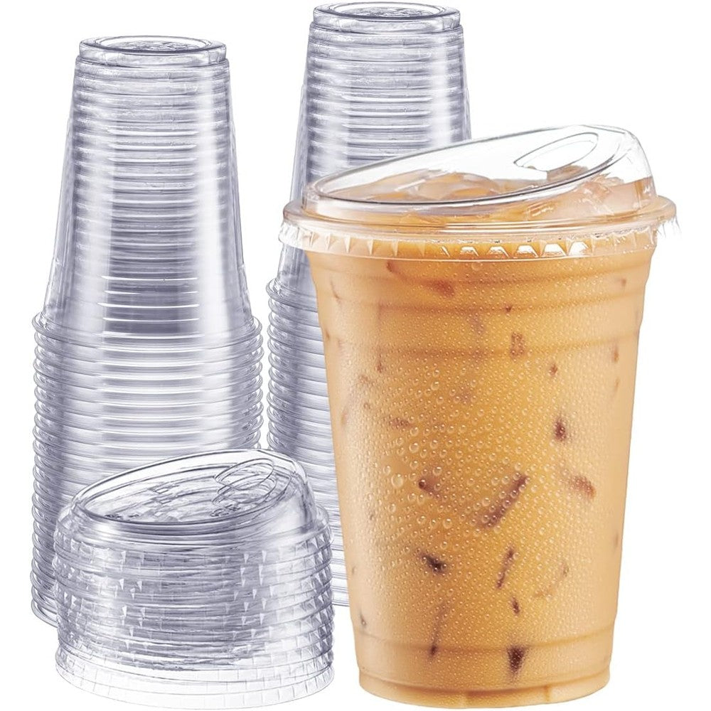 GUSTO 16 Ounce Clear Plastic Cups with strawless lids front view