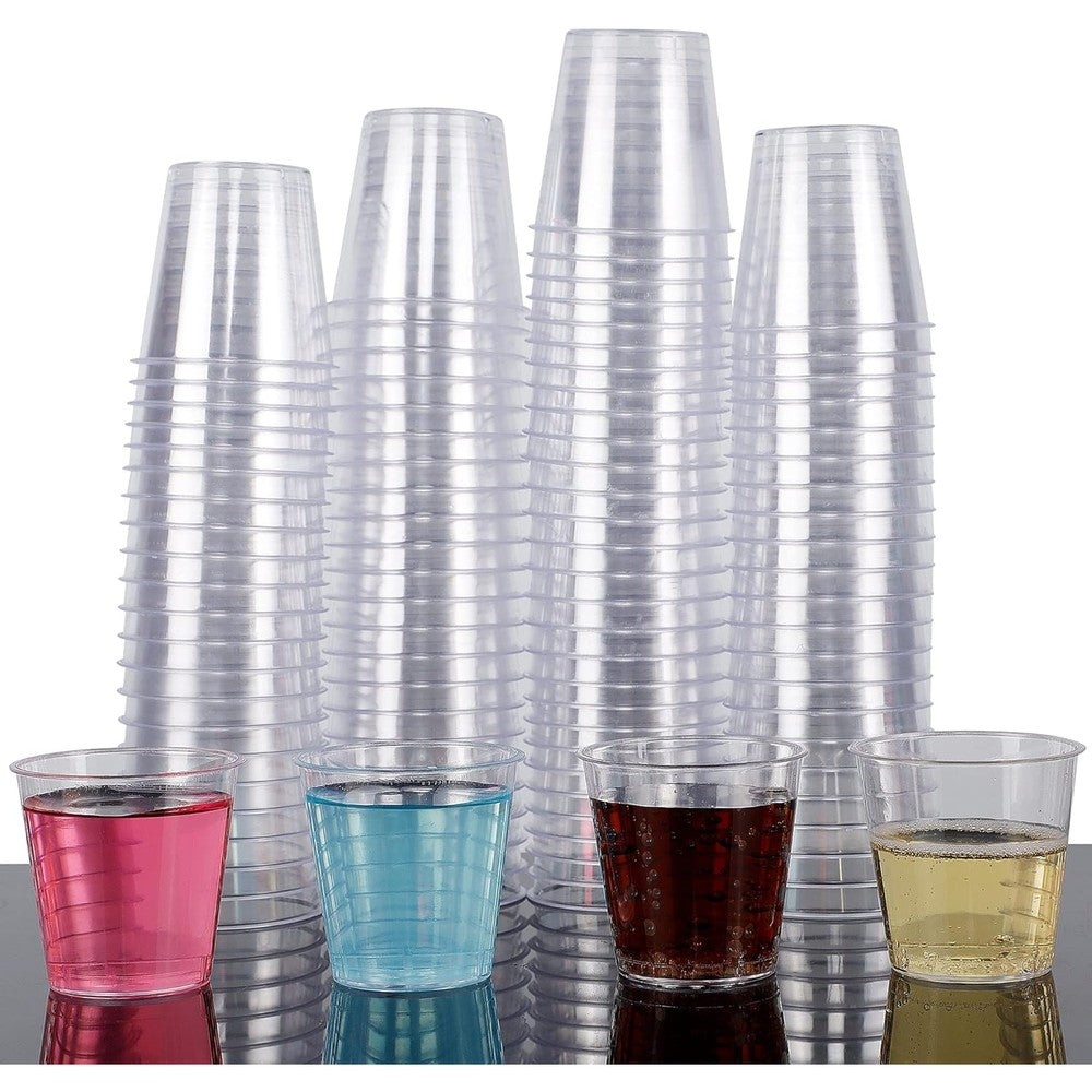 Zcaukya 100 Shot Glasses front view of clear plastic disposable cups for parties.