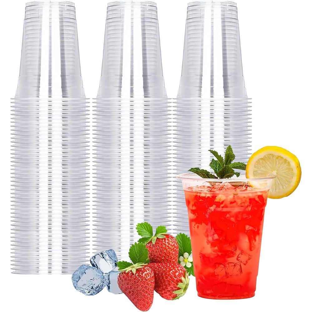 TashiBox 100 Count 16 Ounce Plastic Cups front view showing crystal clear stackable design.