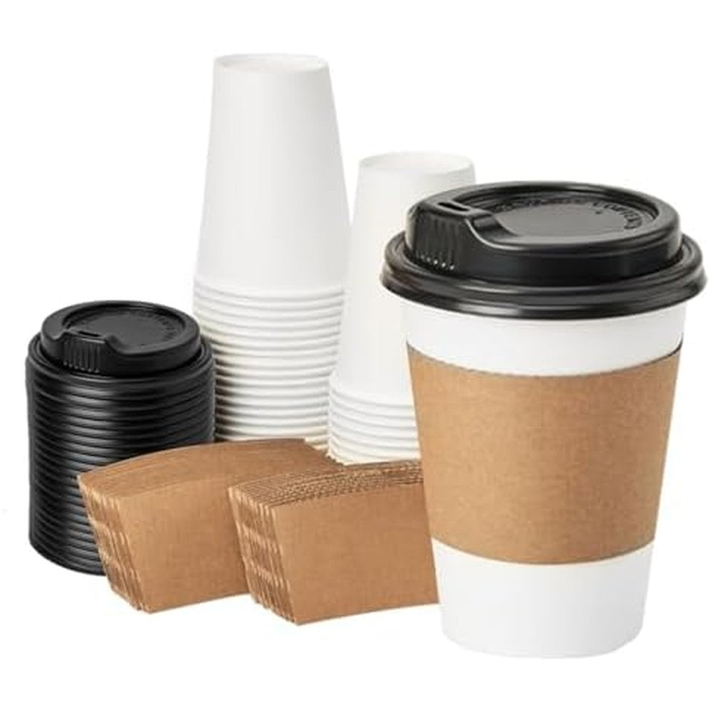 RACETOP disposable paper coffee cups 50 pack front view with sleeves.