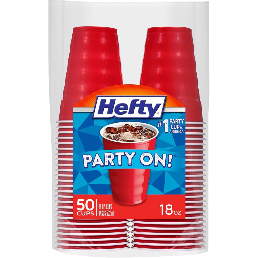 Hefty Party On Red Plastic Cups 50 count pack front view.