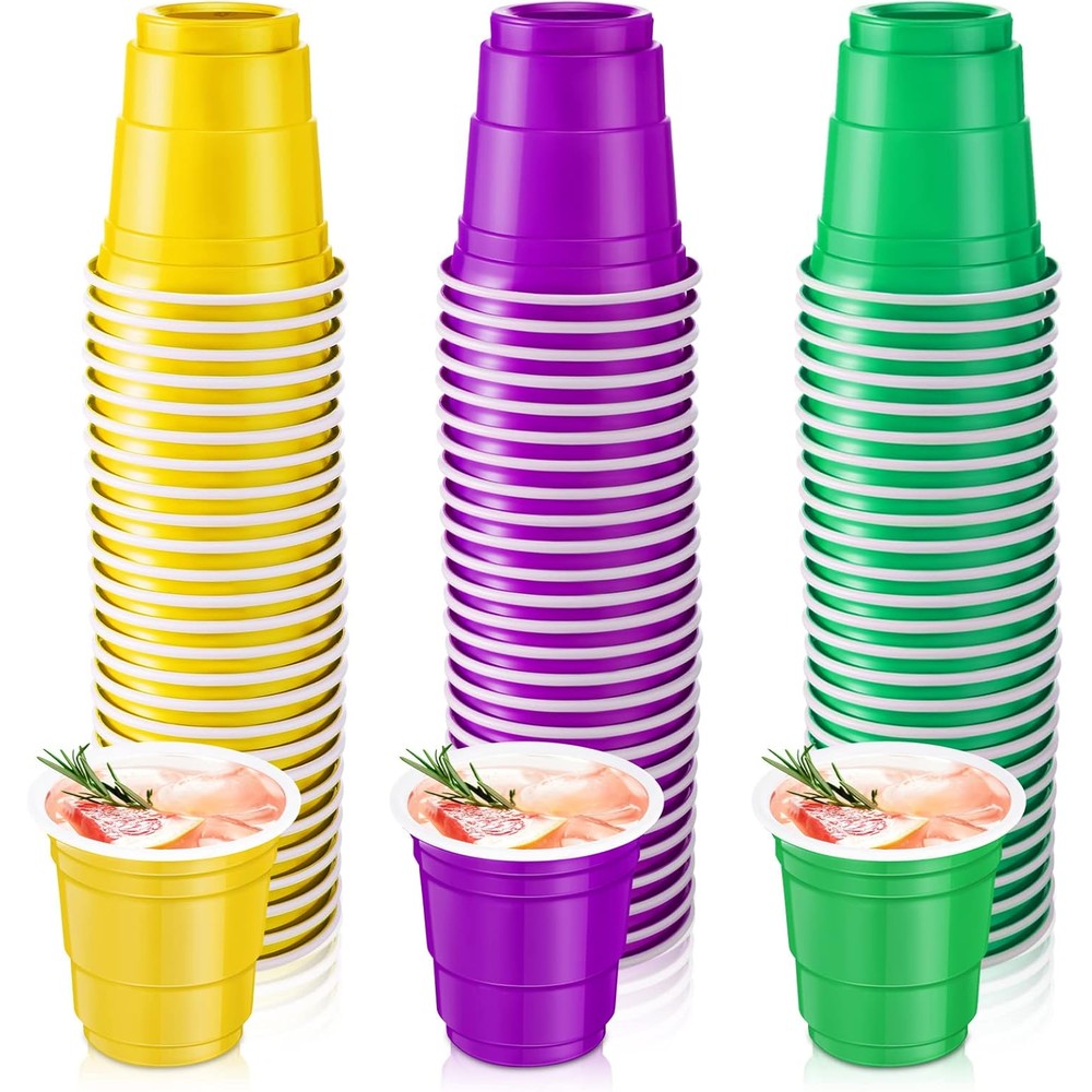 Meanplan Mardi Gras Plastic Shot Glasses front view 150 count pack