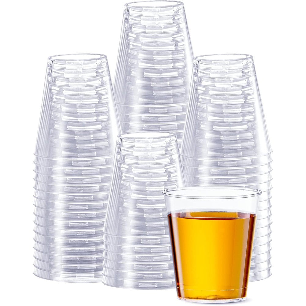 SETUP Clear Hard Plastic Shot Glasses 500 Count front view bulk packaging.