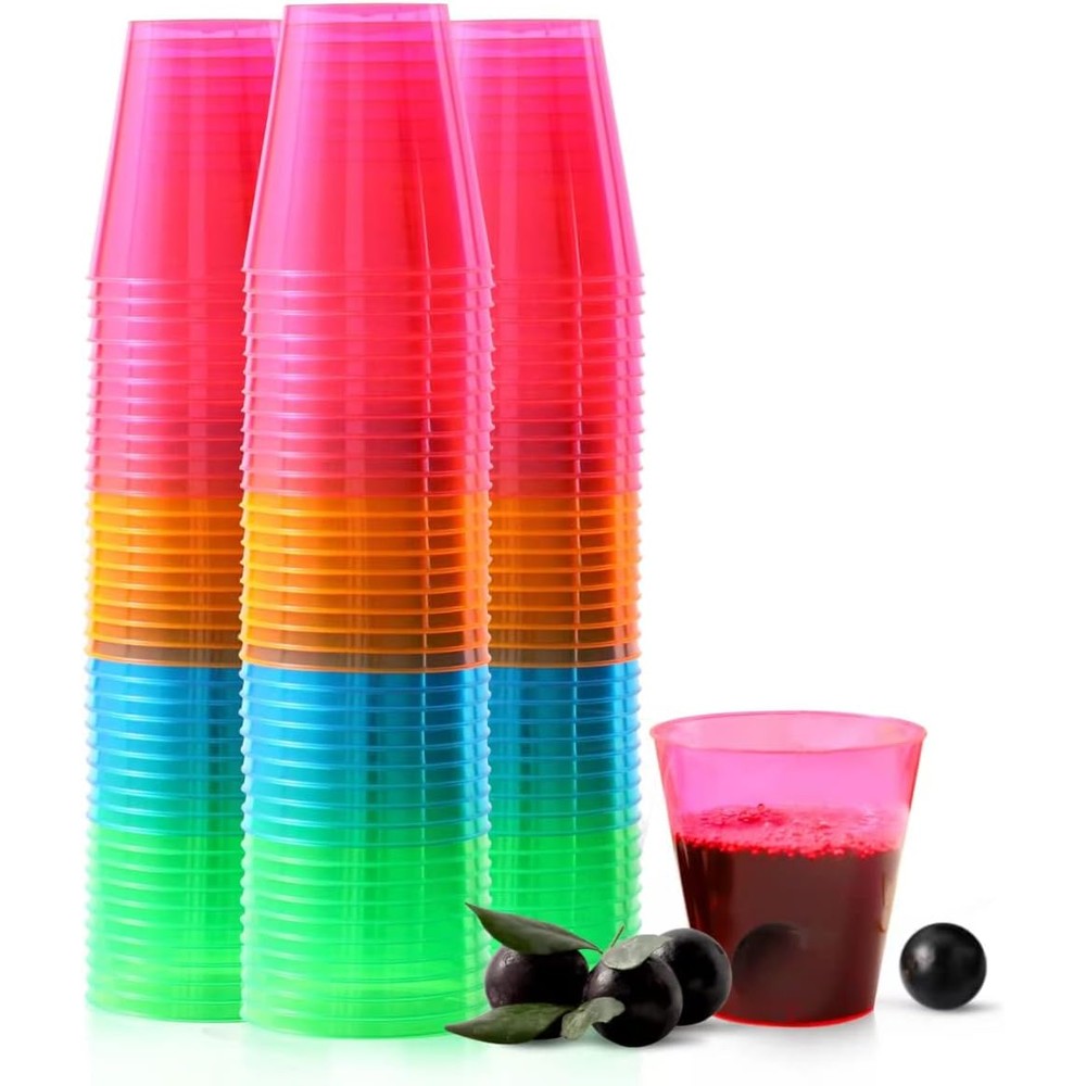 QIANQUEYUE 250 pack disposable neon shot glasses front view for party supplies.