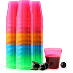 QIANQUEYUE 250 pack disposable neon shot glasses front view for party supplies.