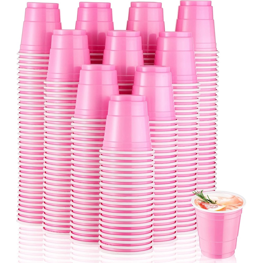 Yetene Light Pink Plastic Shot Cups front view of stacked party glasses.