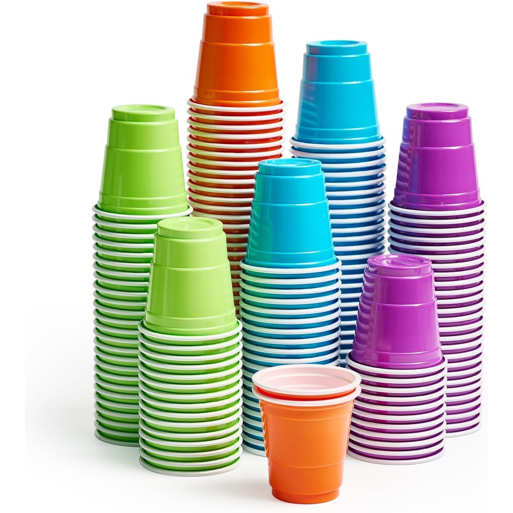 Lilymicky 300 Count 2 Ounce Plastic Shot Glasses front view of assorted colored stacks.