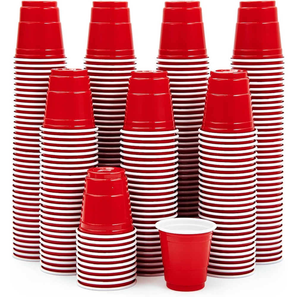 Lilymicky 300 Pack Red Plastic Shot Glasses front view for party supplies.