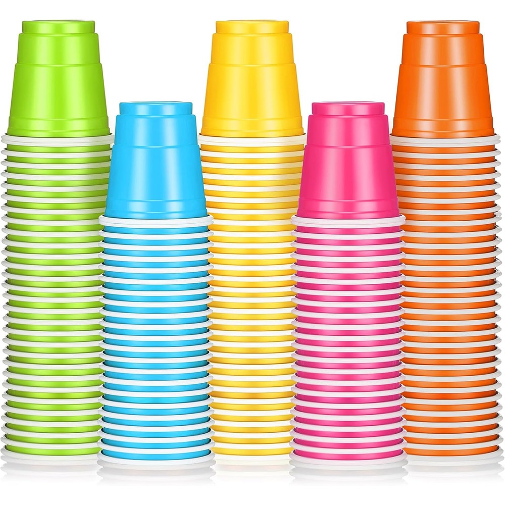 Roshtia 100 pack disposable plastic shot cups front view multicolored party glasses.