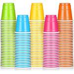 Roshtia 100 pack disposable plastic shot cups front view multicolored party glasses.