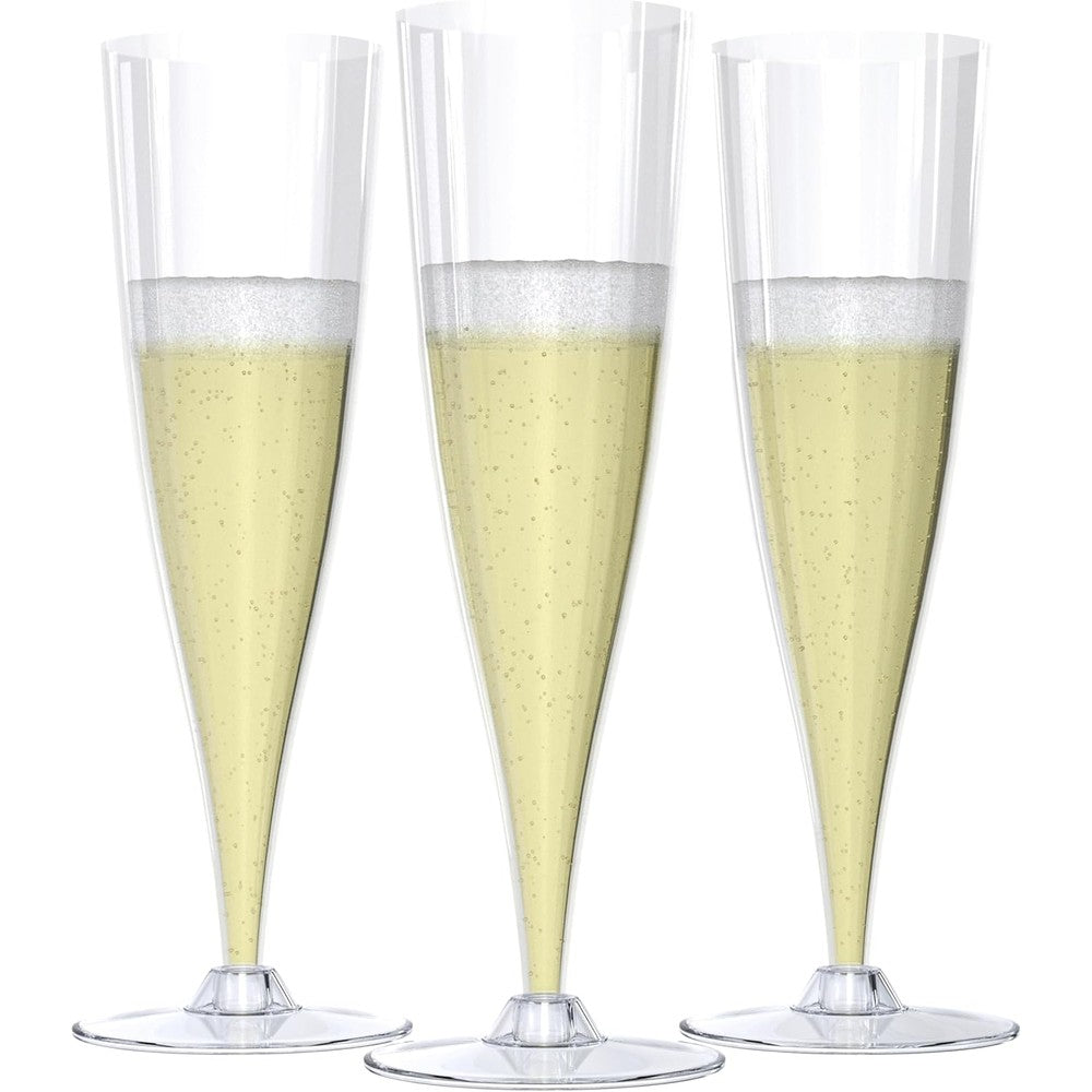 Mindful Design 24 Pack Disposable Clear Champagne Flutes front view for party planning.