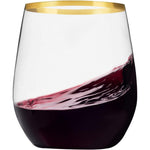 Munfix Plastic Stemless Wine Glasses with gold rim front view for wedding parties.