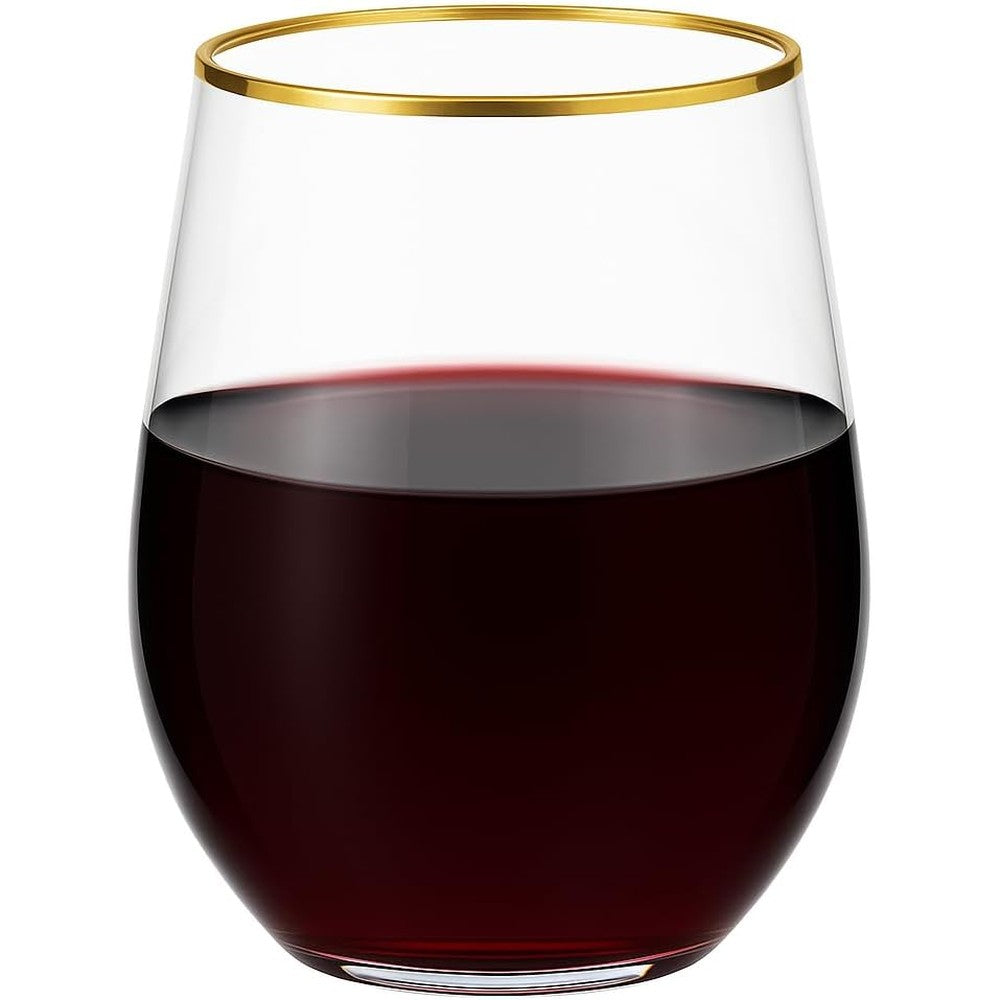 Oojami disposable stemless plastic wine tumbler front view showing gold rim detail.