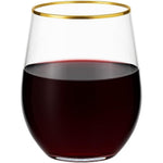 Oojami disposable stemless plastic wine tumbler front view showing gold rim detail.