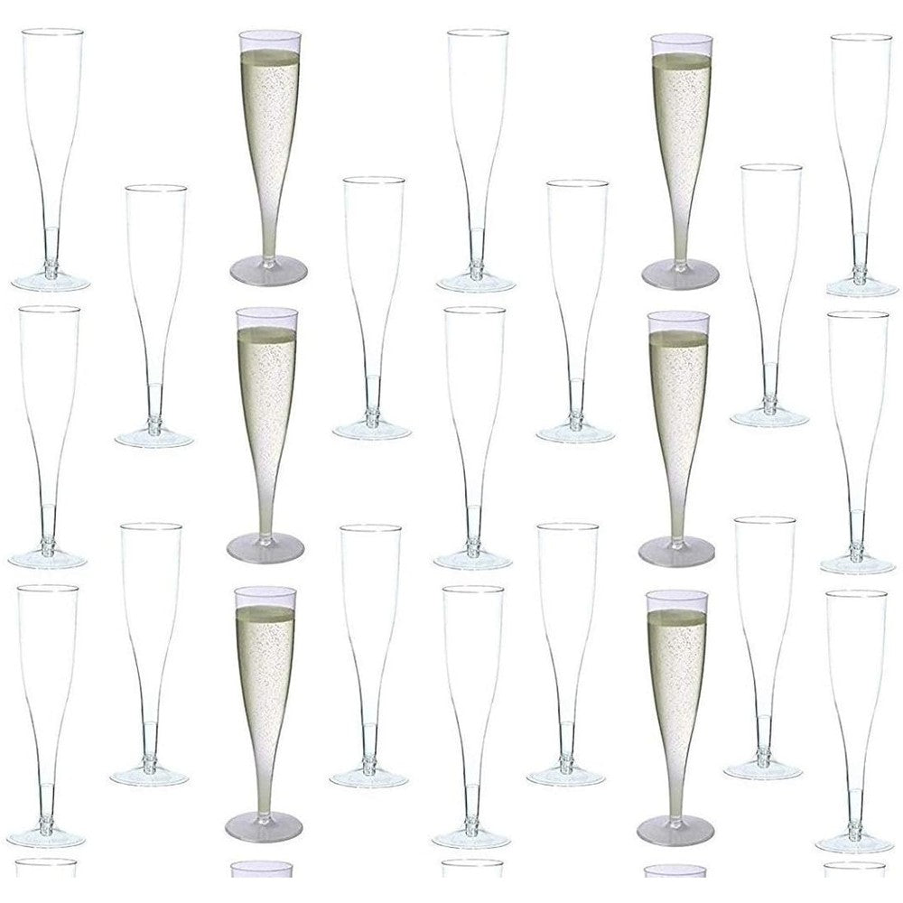 Oojami 100 Pack Plastic Champagne Flutes front view for wedding parties.