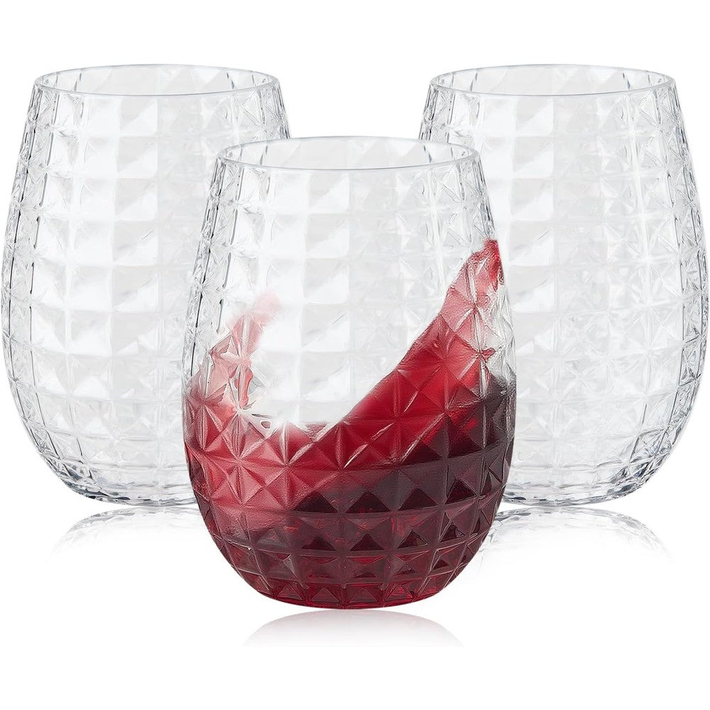 Lueumxc plastic wine glasses 20 pack front view showing clear diamond texture.