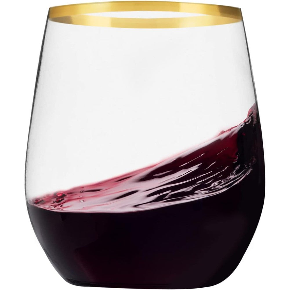 Munfix 48 Pack Gold Rim Plastic Stemless Wine Glasses front view for elegant party hosting.